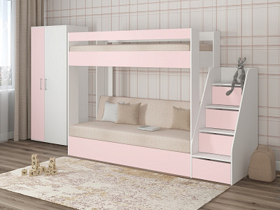 Кровать двухъярусная с диваном и лестницей-комодом "Лаворо" (Белый/Розовый кварц/Savana Plus Ivory) D_B3 - 1