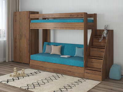Кровать двухъярусная с диваном и лестницей-комодом "Лаворо" (Дуб Аризона/Дуб Аризона/Savana Plus Lagoon) D_B3 - 1