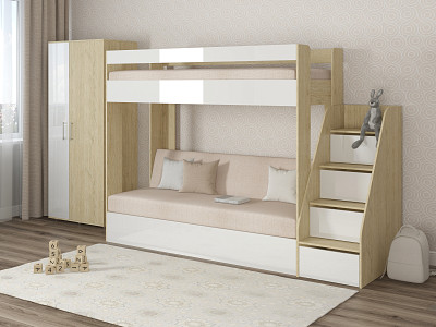 Кровать двухъярусная с диваном и лестницей-комодом "Лаворо" (Пикард/Белый Глянец/Savana Plus Ivory) D_B3 - 1