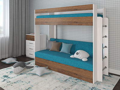 Кровать двухъярусная с диваном "Лаворо" (Анкор Белый/Дуб Аризона/Savana Plus Lagoon) D - 1