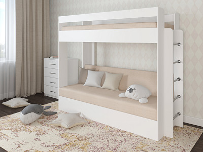 Кровать двухъярусная с диваном "Лаворо" (Белый/Savana Plus Ivory) D - 1
