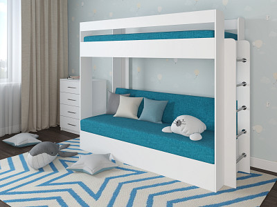 Кровать двухъярусная с диваном "Лаворо" (Белый/Savana Plus Lagoon) D - 1