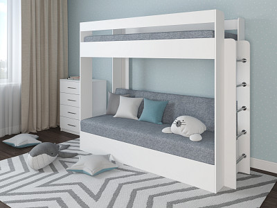 Кровать двухъярусная с диваном "Лаворо" (Белый/Рогожка Savana Plus Mouse) D - 1