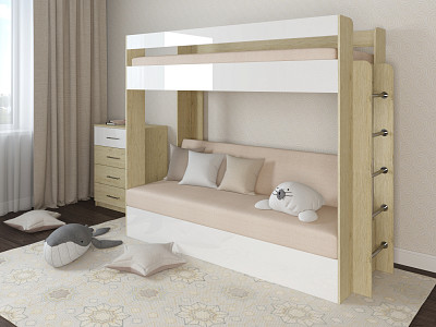 Кровать двухъярусная с диваном "Лаворо" (Пикард/Белый Глянец/Savana Plus Ivory) D - 1