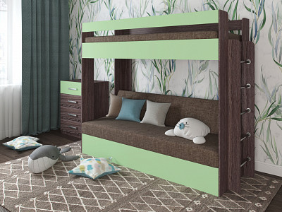Кровать двухъярусная с диваном "Лаворо" (Ясень анкор темный/Мята/Рогожка Savana Latte (AT)) D - 1