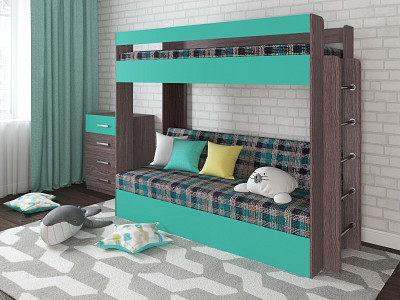 Кровать двухъярусная с диваном "Лаворо" (Анкор тёмный/Аква/Велюр Quadro Azure (AT)) D - 1