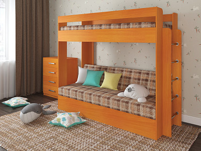 Кровать двухъярусная с диваном "Лаворо" (Орех миланский/Велюр Quadro Beige (AT)) D - 1