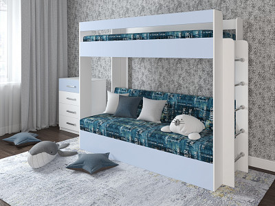 Кровать двухъярусная с диваном "Лаворо" (Белый/Серенити/Принт Central Denim (AT)) D - 1