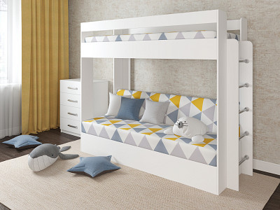 Кровать двухъярусная с диваном "Лаворо" (Белый/Принт Otto Yellow (AT)) D - 1