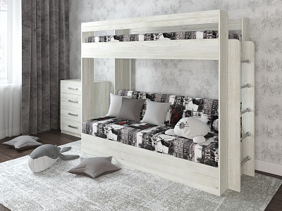 Кровать двухъярусная с диваном "Лаворо" (Сосна винтерберг/Принт Amsterdam Grafit S (AT)) D - 1