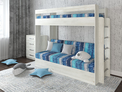 Кровать двухъярусная с диваном "Лаворо" (Сосна винтерберг/Принт Savage Ocean (AT)) D - 1