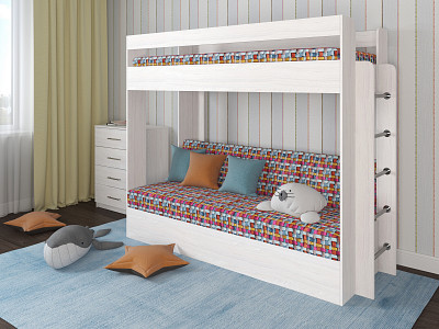 Кровать двухъярусная с диваном "Лаворо" (Анкор белый/Принт Strunk 3 (Bt)) D - 1