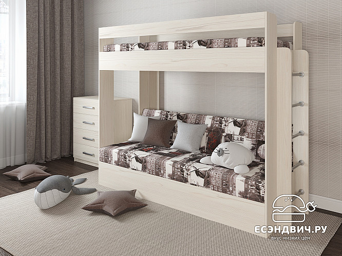 Кровать двухъярусная с диваном "Лаворо" (Сосна астрид/Принт Amsterdam Sepia S (AT)) D