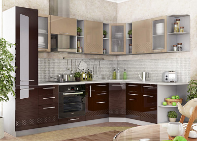 Кухня угловая 2,8х2,0 правая decorazione "Лакрима" (МДФ глянец) (Капучино/Шоколад) -DSVK3