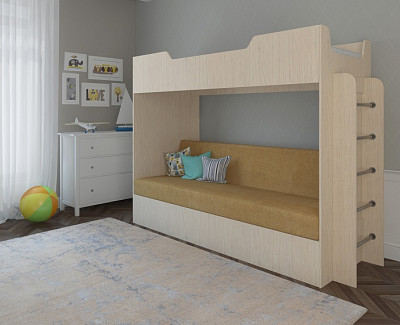 Кровать двухъярусная с диваном "Ричи" (Бел.дуб/Флок №21 песочный) EsandwichK-11