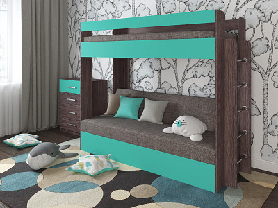 Кровать двухъярусная с диваном "Лаворо" (Анкор тёмный/Аква/Рогожка Savana Latte (AT)) D - 1