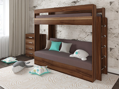 Кровать двухъярусная с диваном "Лаворо" (Слива валлис/Слива валлис/Велюр Vital Java (AT)) D - 1