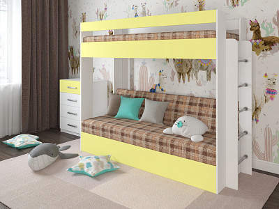 Кровать двухъярусная с диваном "Лаворо" (Белый/Лимонный/Принт Quadro Beige (AT)) D - 1