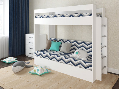 Кровать двухъярусная с диваном "Лаворо" (Белый/Белый/Lokky Blue (AT)) D - 1