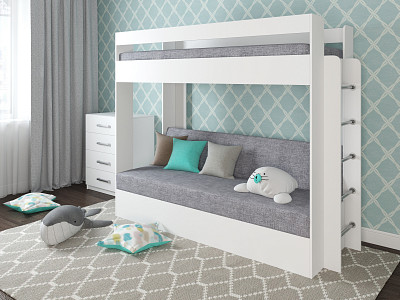 Кровать двухъярусная с диваном "Лаворо" (Белый/Белый/Рогожка Savana Plus Ash (AT)) D - 1