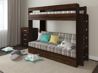 Кровать двухъярусная с диваном "Лаворо" (Венге/Олива шоколад/Жаккард Лестер Ф01 (BN)) D