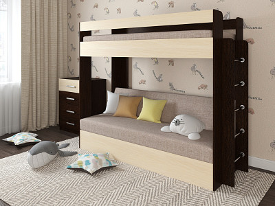 Кровать двухъярусная с диваном "Лаворо" (Венге/Выбеленный дуб/Рогожка Savana Plus Mocca (AT)) D - 1