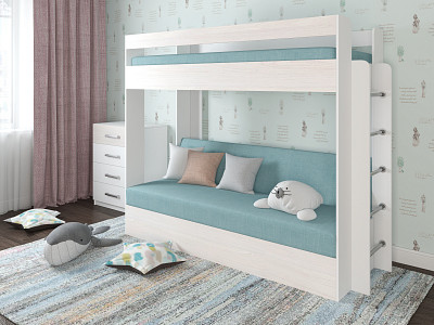 Кровать двухъярусная с диваном "Лаворо" (Белый/Анкор белый/Велюр Vital Blue (AT)) D - 1