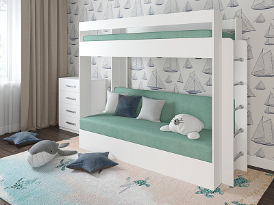 Кровать двухъярусная с диваном "Лаворо" (Белый/Велюр Antonio Mint (AT)) D - 1