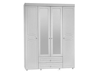 Шкаф 4х дверн. (560) с ящ. duble "Леон"(МДФ)(Белый/Белое дерево/Зеркало)/Vs/МН-63 - 4