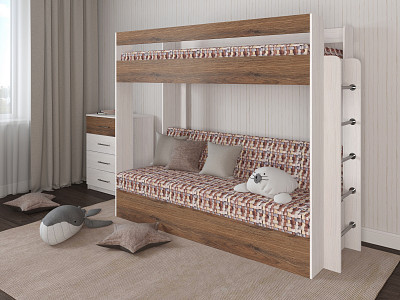 Кровать двухъярусная с диваном "Лаворо" (Анкор белый/Дуб Аризона/Принт Strunk 4 (Bt)) D - 1