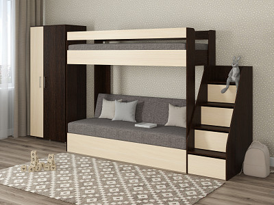 Кровать двухъярусная с диваном и лестницей-комодом "Лаворо" (Венге/Дуб выбеленный/Рогожка Savana Latte (AT)) D_B3 - 1