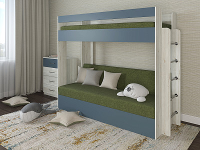 Кровать двухъярусная с диваном "Лаворо" (Сосна винтерберг/Маренго/Рогожка Savana Green (AT)) D - 1