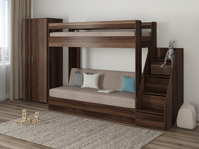 Кровать двухъярусная с диваном и лестницей-комодом "Лаворо" (Слива валлис/Рогожка Savana Latte (AT)) D_B3 - 1