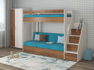 Кровать двухъярусная с диваном и лестницей-комодом "Лаворо" (Анкор Белый/Дуб Аризона/Savana Plus Lagoon) D_B3 - 1