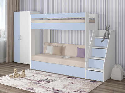 Кровать двухъярусная с диваном и лестницей-комодом "Лаворо" (Белый/Серенити/Savana Plus Ivory) D_B3 - 1