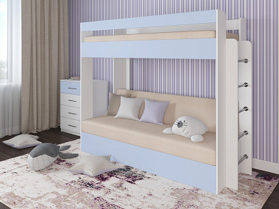 Кровать двухъярусная с диваном "Лаворо" (Белый/Серенити/Savana Plus Ivory) D - 1