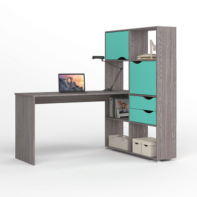 Стол письменный угловой прав. L "Лаворо" (Анкор темный / Аква) D - 1