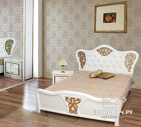 Кровать 1600 "Версаль" (МДФ) (Белый/Золото/Шелкография/Иск.кожа) MrH
