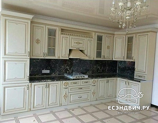 Кухня угловая 4,2х1,5 Afina "Палермо" (Крем/Эмаль/Золото/Патина) Fb1/Af8