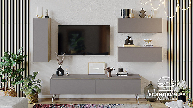 Тумба ТВ L "Gloss"(Баттл Рок/Стекло Мокко матовый/Металл бежевый)-Tr-Гл