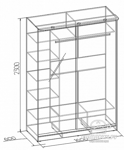 Шкаф-купе 1,6 с подсв. "Уокер" (Венге/Зеркало) EsandwichGl/DM