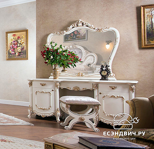 Стол косметический с зеркалом и банкеткой "Модильяни" (МДФ) (Крем/Шелкография/Бархат) EsandwichUgEl