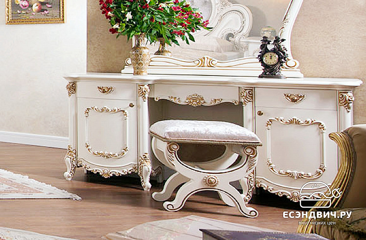 Стол косметический с зеркалом и банкеткой "Модильяни" (МДФ) (Крем/Шелкография/Бархат) EsandwichUgEl