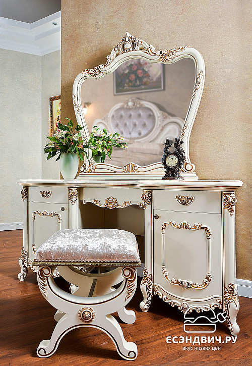 Стол косметический с зеркалом и банкеткой "Модильяни" (МДФ) (Крем/Шелкография/Бархат) EsandwichUgEl