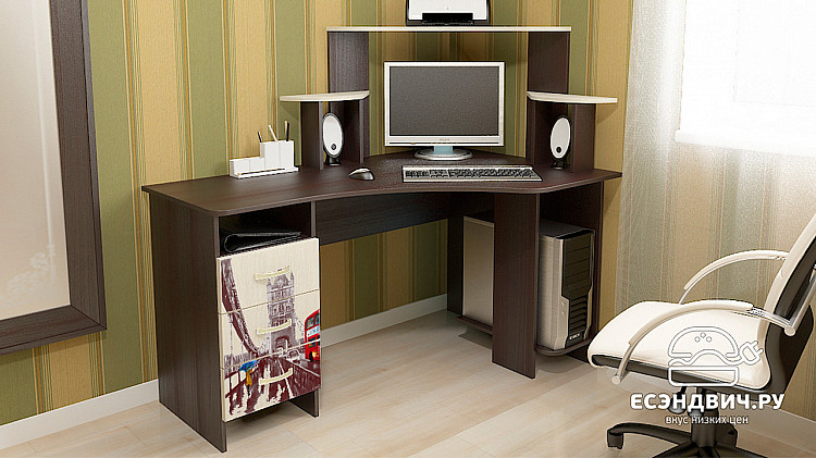 Стол компьютерный угловой "City" правый (Венге Цаво/Дуб Молочный с рис.)Esandwich-ТрЯ