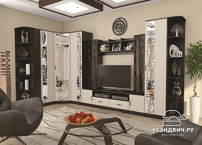 Шкаф угловой "Валенсия" (Венге/Белёный дуб/Зеркало фьюзинг) EsandwichИЦМ-15Шку