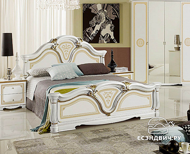 Кровать 1600 "Тоскана" (МДФ) (Белый/Золото/Шелкография) MrGr