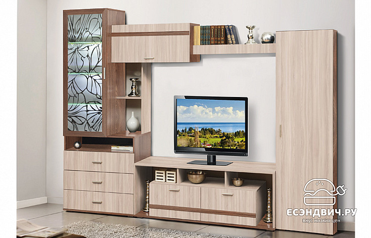 Гостиная 2,7 "Grosso"  (Ясень шимо темный/Ясень шимо светлый/Стекло с рис.) Esandwich-ОлГ-4