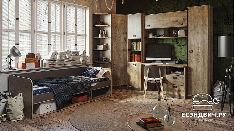 Кровать 800 "Adventure" (Дуб Каньон светлый/Фон серый ) Em/Pl