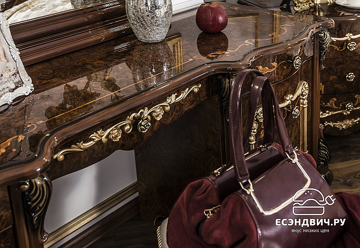 Стол косметический с зеркалом и банкеткой  "Джованни" (МДФ) (Корень дуба глянец/Патина/Лак) UgEn